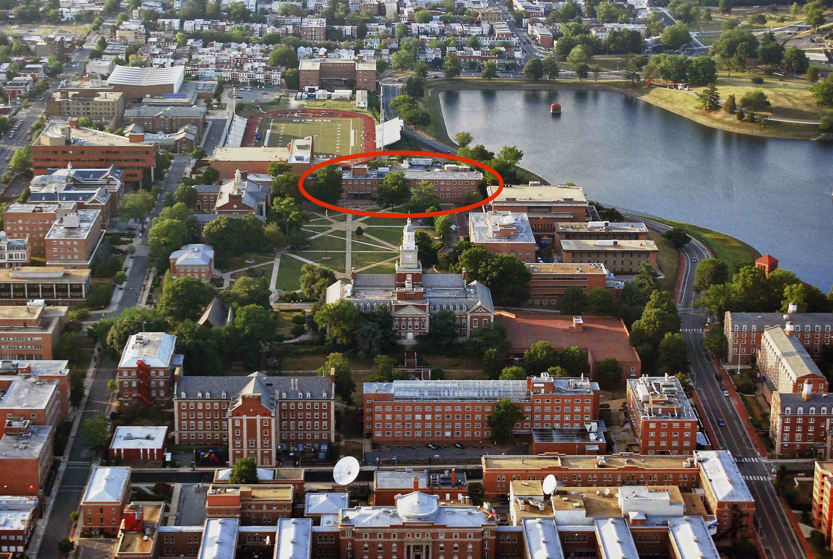 Aerial view of HU campus with Fine Arts highlighted