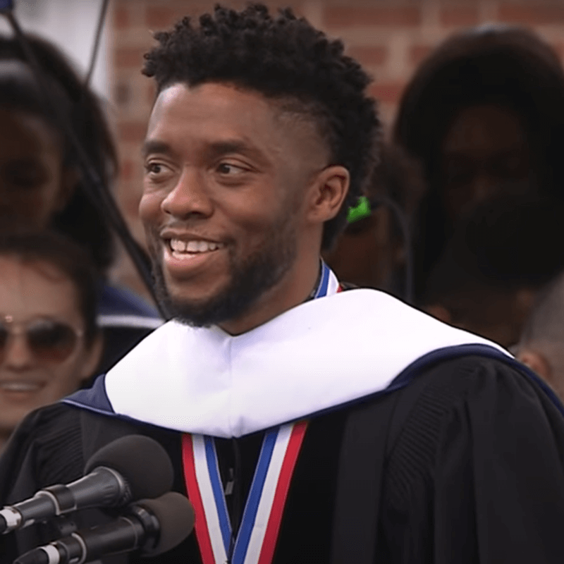 Chadwick Boseman speaking at Commencement 2018.