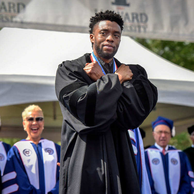 Chadwick Boseman doing the Wakanda salute at Commencement 2018.