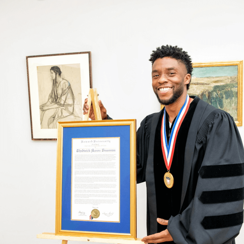 Chadwick Boseman at Howard University's art gallery.