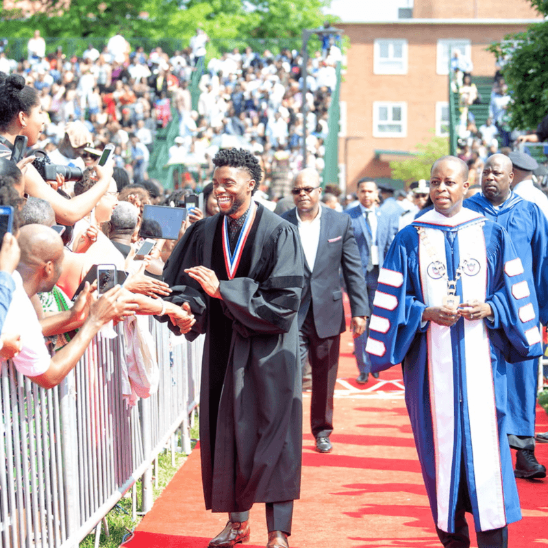 Chadwick Boseman and university President Wayne A.I. Frederick at Commencement 2018.
