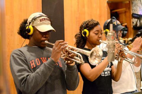 Trumpet players at a recording studio in the Department of Music.