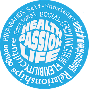 health passion life in white letters and blue teal background colors