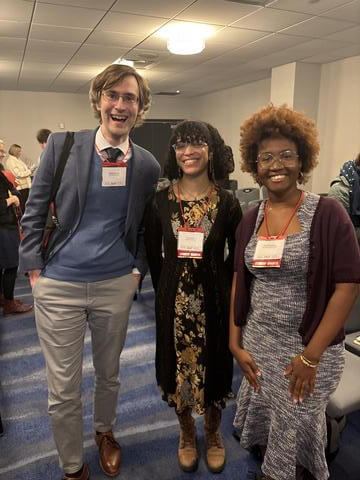 Prof. Matthew Franke, current Howard student Bri Stromer, and HU alumna Hannah D. Jackson (2025) at the national meeting of the American Musicological Society. 