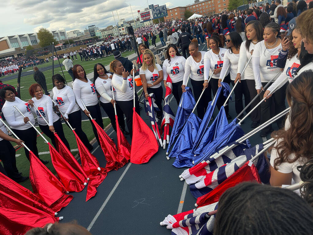 Homecoming Day tradition: Flashy Flags alumni unite across decades, each era represented by its signature colors—from the 1980s through today—celebrating legacy, evolution, and pride on the field.
