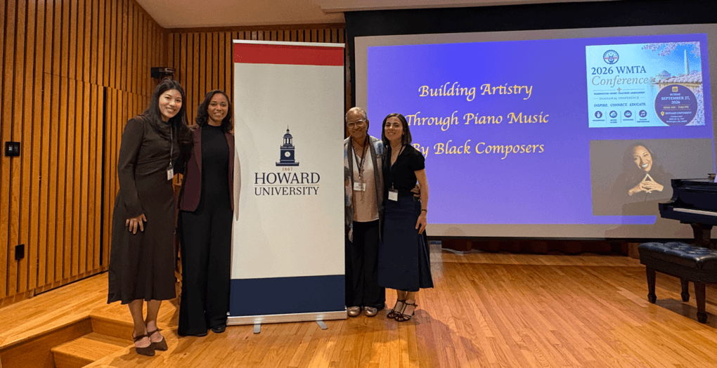 Grace McFarlane, WMTA Preseident, Leah Claiborne, Keynote Speaker, Rachel Chen, Conference Chair, Natalia Kazaryan Howard Piano Faculty.