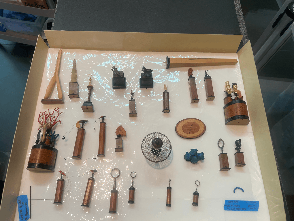 Miniature components from David Beck’s MVSEVM are organized for close examination and documentation during the conservation project at the Lunder Conservation Center.