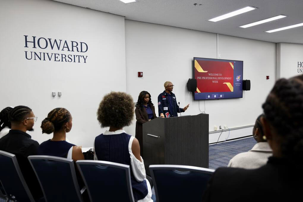 Mister CABCoFA Parker Bryant and Miss CABCoFA Me’kaili Johnson provide opening remarks at the Pre-Professional Development Week, presented by the CABCoFA Student Council. Photo by Chad Eric Smith